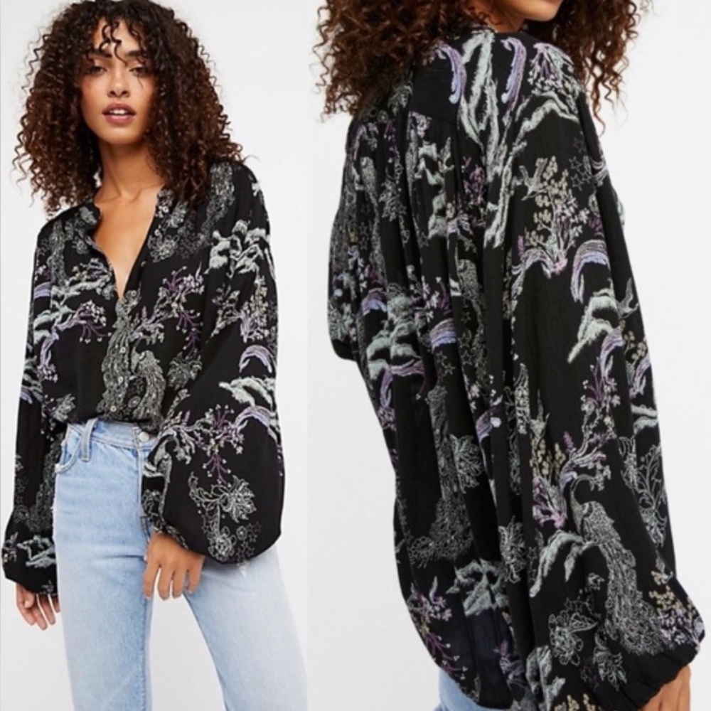 Free People Metallic Blooms Oversized Tunic Blouse (blk sz medium)